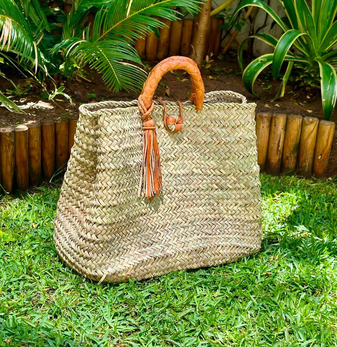 Moroccan Straw Basket With Leather Handle, Straw Beach Bag