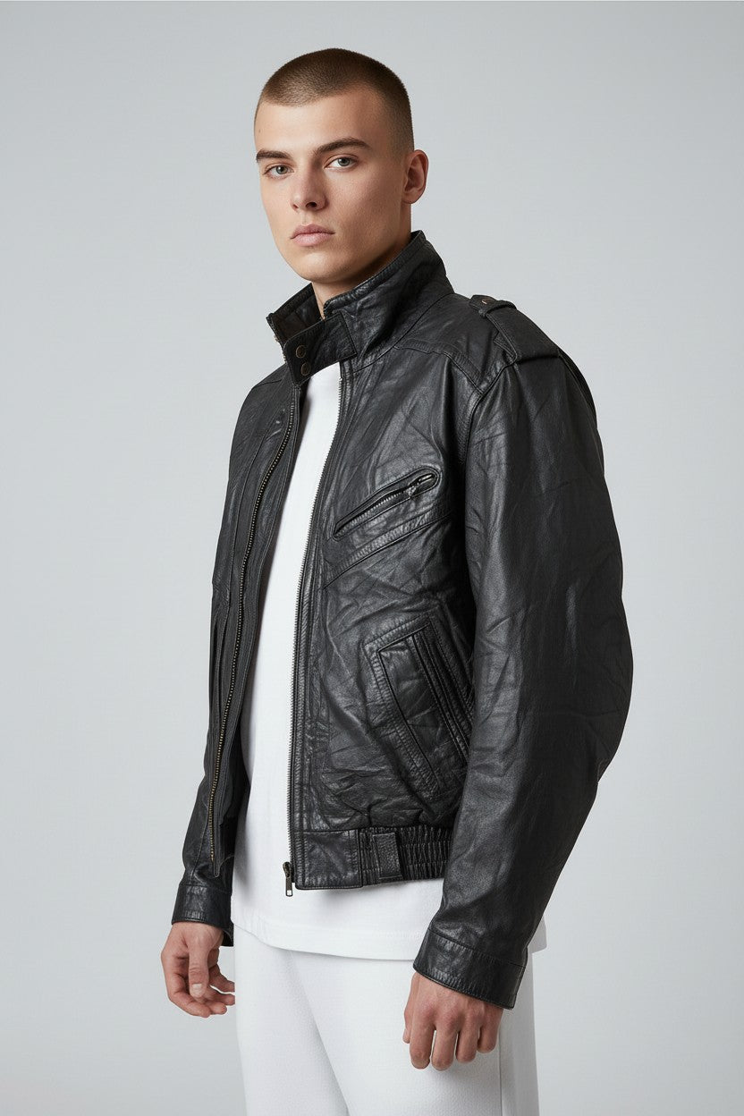 Giacca in pelle vintage con collo alto