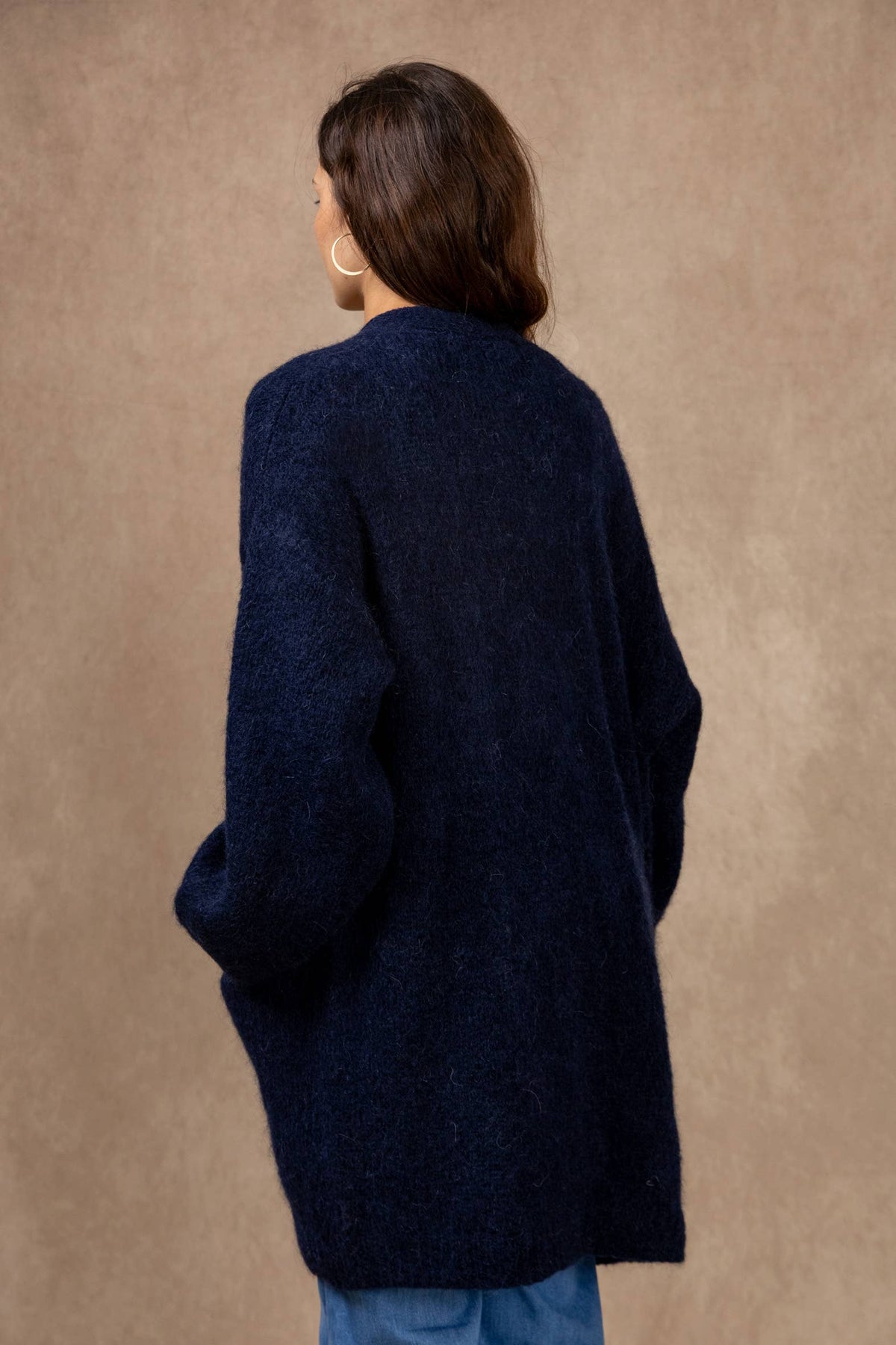 Long cardigan with long sleeves in mohair and wool: Bleu marine / Taille unique