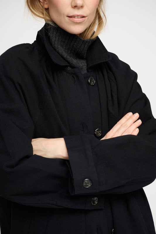 Cappotto lungo Eloise nero in tela di cotone biologico, moshi moshi mind