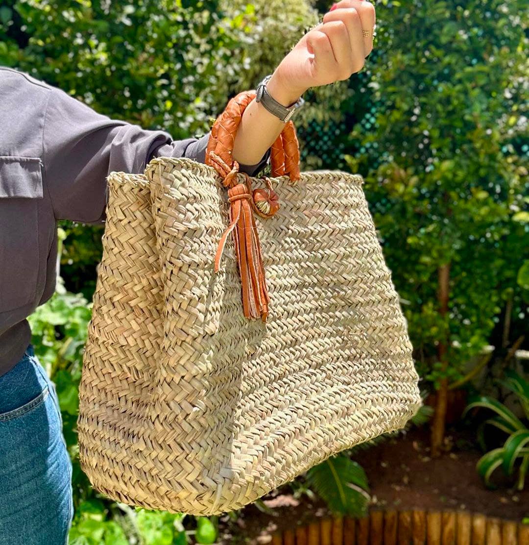 Moroccan Straw Basket With Leather Handle, Straw Beach Bag