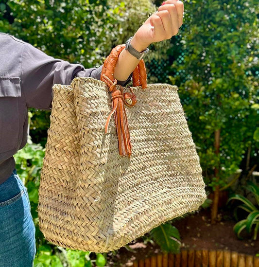 Moroccan Straw Basket With Leather Handle, Straw Beach Bag