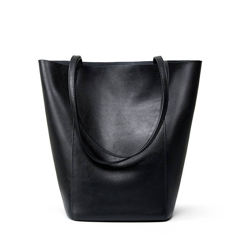 Genuine Leather Minimalism Bucket Shape Shoulder Tote Bag: Coffee