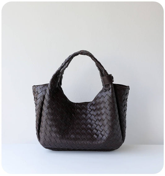 Hand-Woven Leather Bucket Shoulder Bag: Coffee