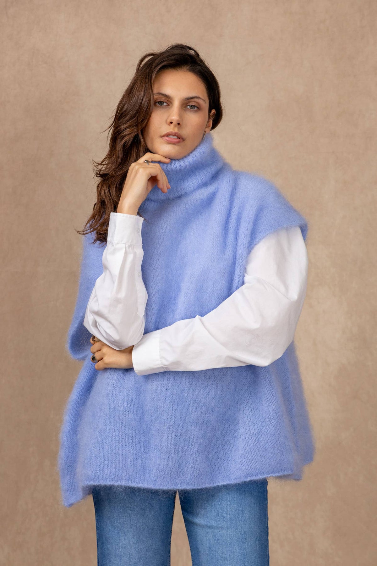 80% KID MOHAIR TURTLENECK PONCHO SWEATER: Sky Blue / One size