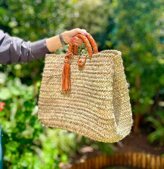Cestino di paglia marocchino con manico in pelle, borsa da spiaggia in paglia