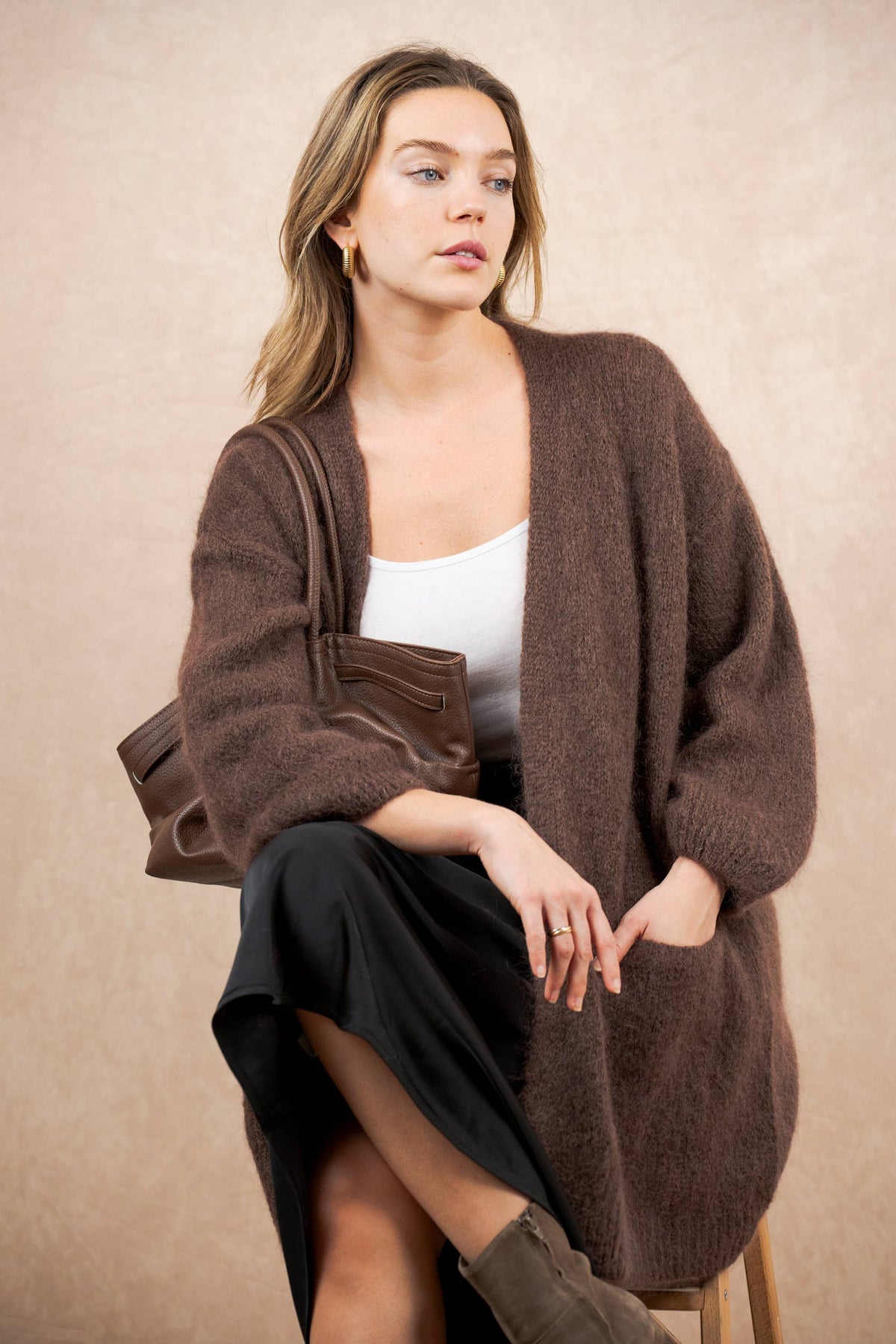 Long cardigan with long sleeves in mohair and wool: Bleu marine / Taille unique