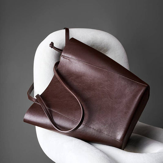 Genuine Leather Minimalism Bucket Shape Shoulder Tote Bag: Coffee