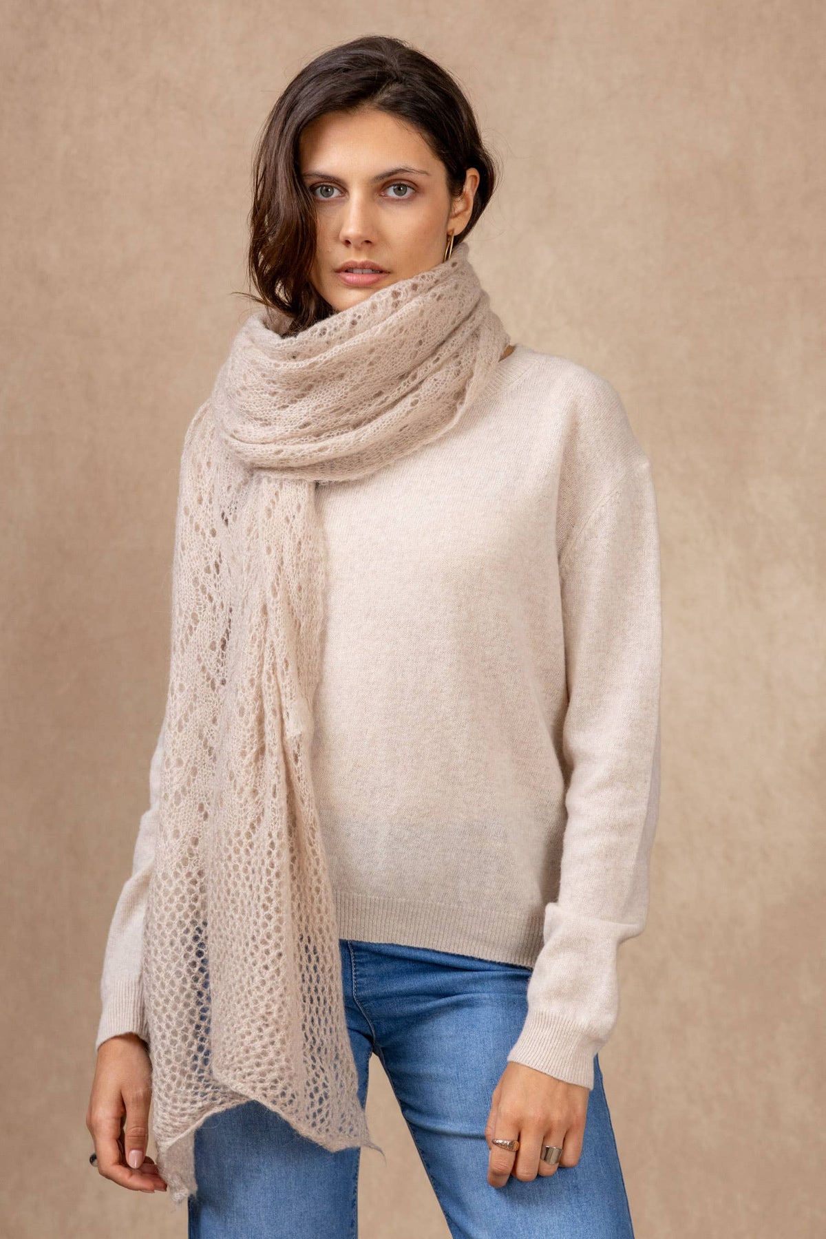 OPENWORK MOHAIR WOOL SHAWL: Ecru