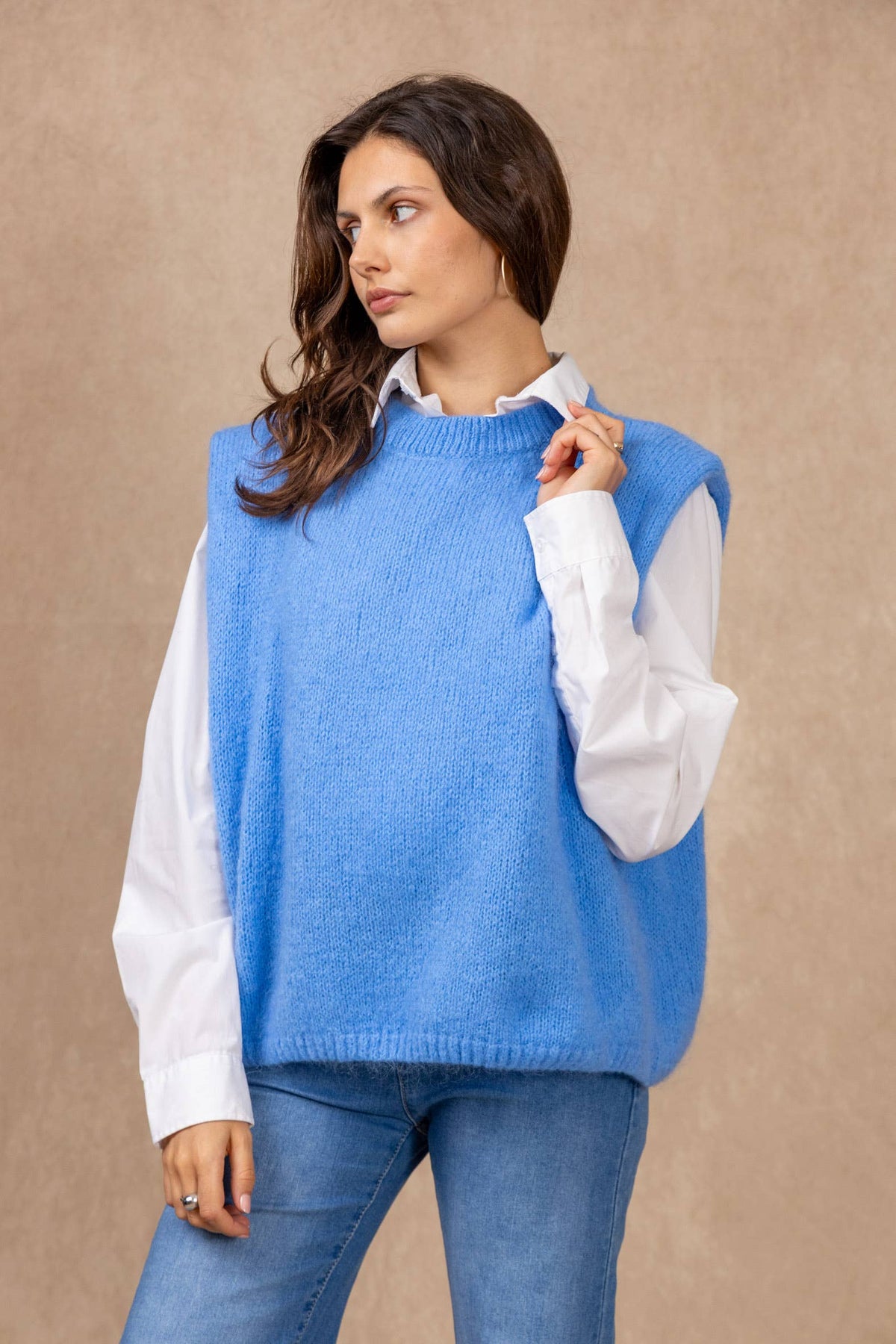 MOHAIR AND WOOL SLEEVELESS CREW NECK SWEATER: Chocolat auburn / One size