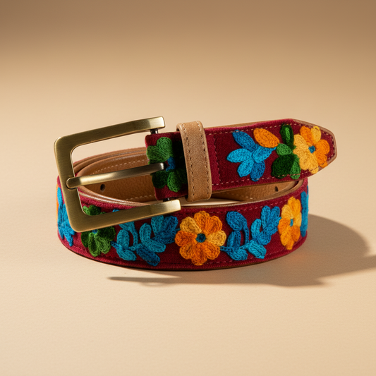 Skagit - Embroidered Belt Size 100 Red Background: MULTICOLOUR / LEATHER, COTTON