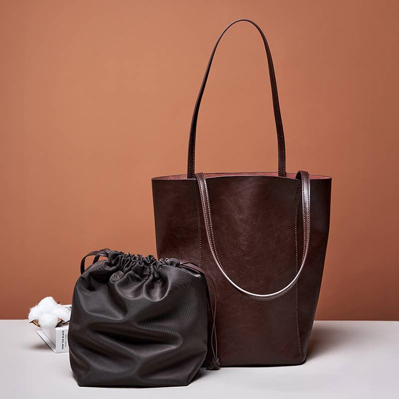 Genuine Leather Minimalism Bucket Shape Shoulder Tote Bag: Coffee