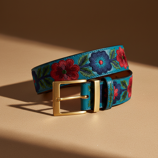 Skagit - Embroidered Belt Size 100 Light Blue Background: MULTICOLOUR / LEATHER, COTTON