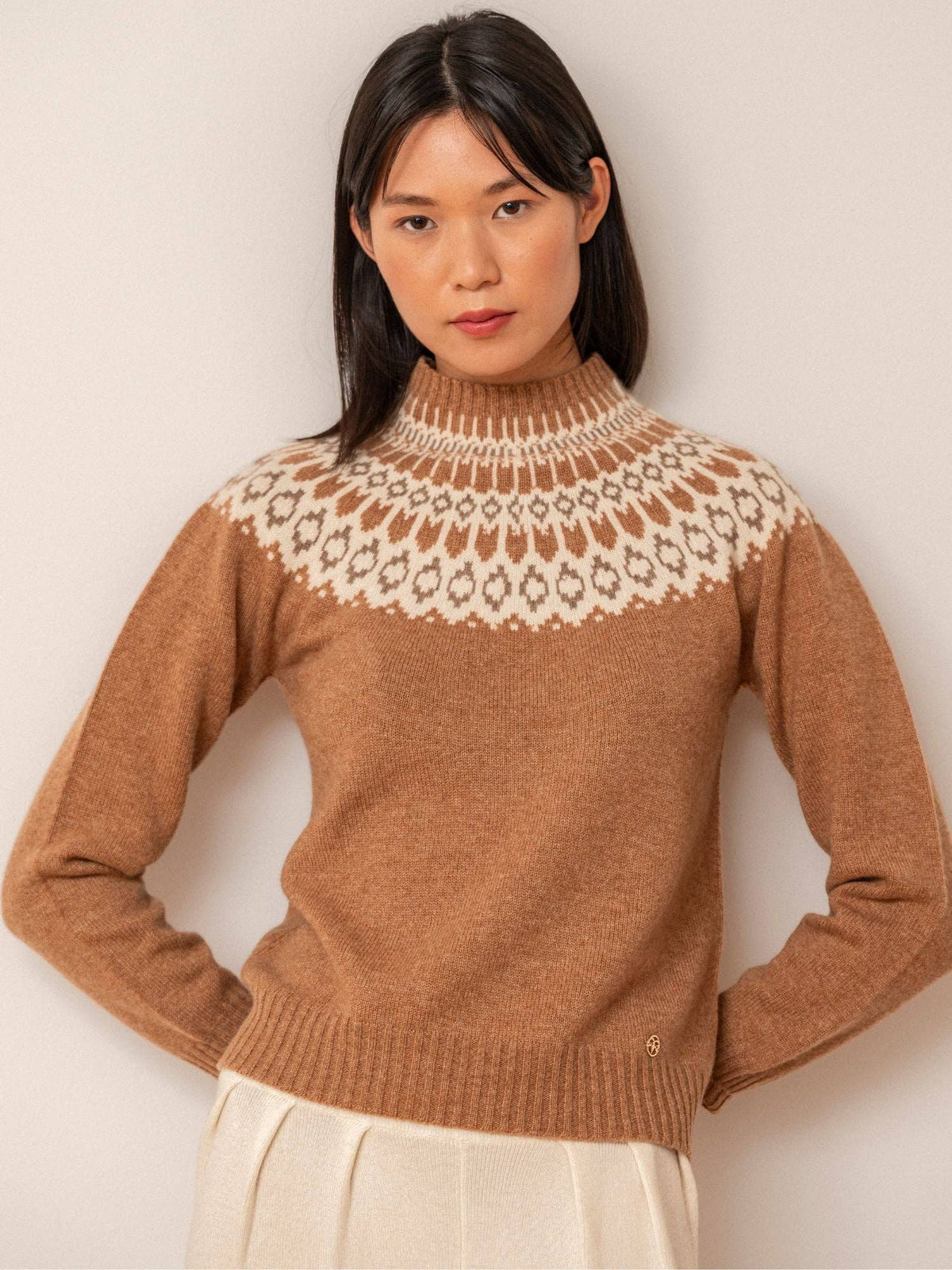 Maglione Martina BEL Cashmere in 100% cashmere, motivo Fair Isle, cammello, taglia S