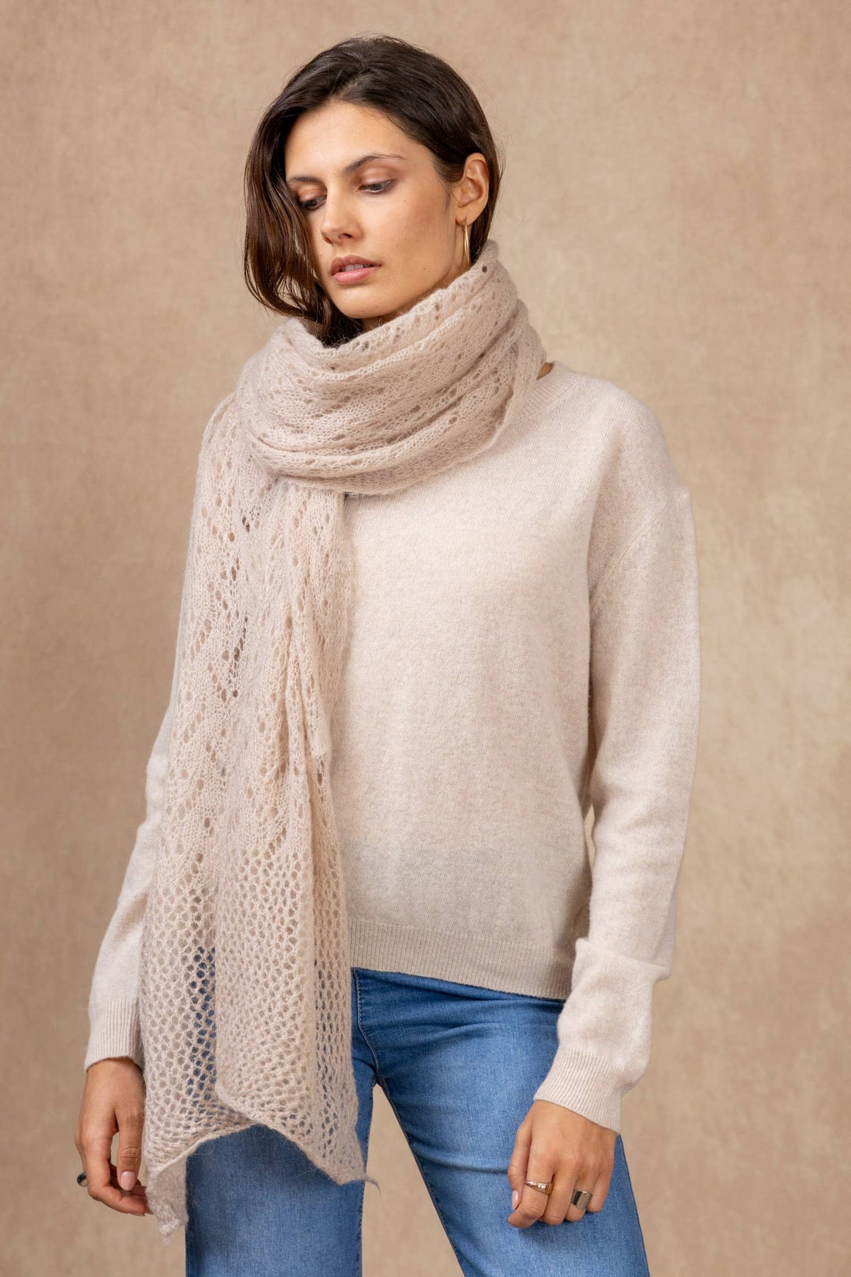 OPENWORK MOHAIR WOOL SHAWL: Ecru