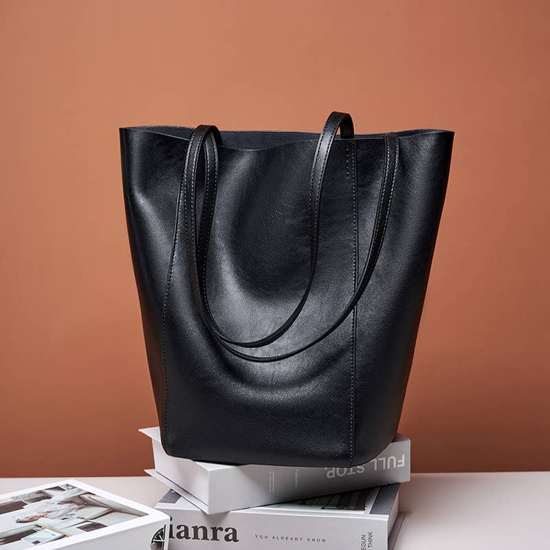 Genuine Leather Minimalism Bucket Shape Shoulder Tote Bag: Coffee