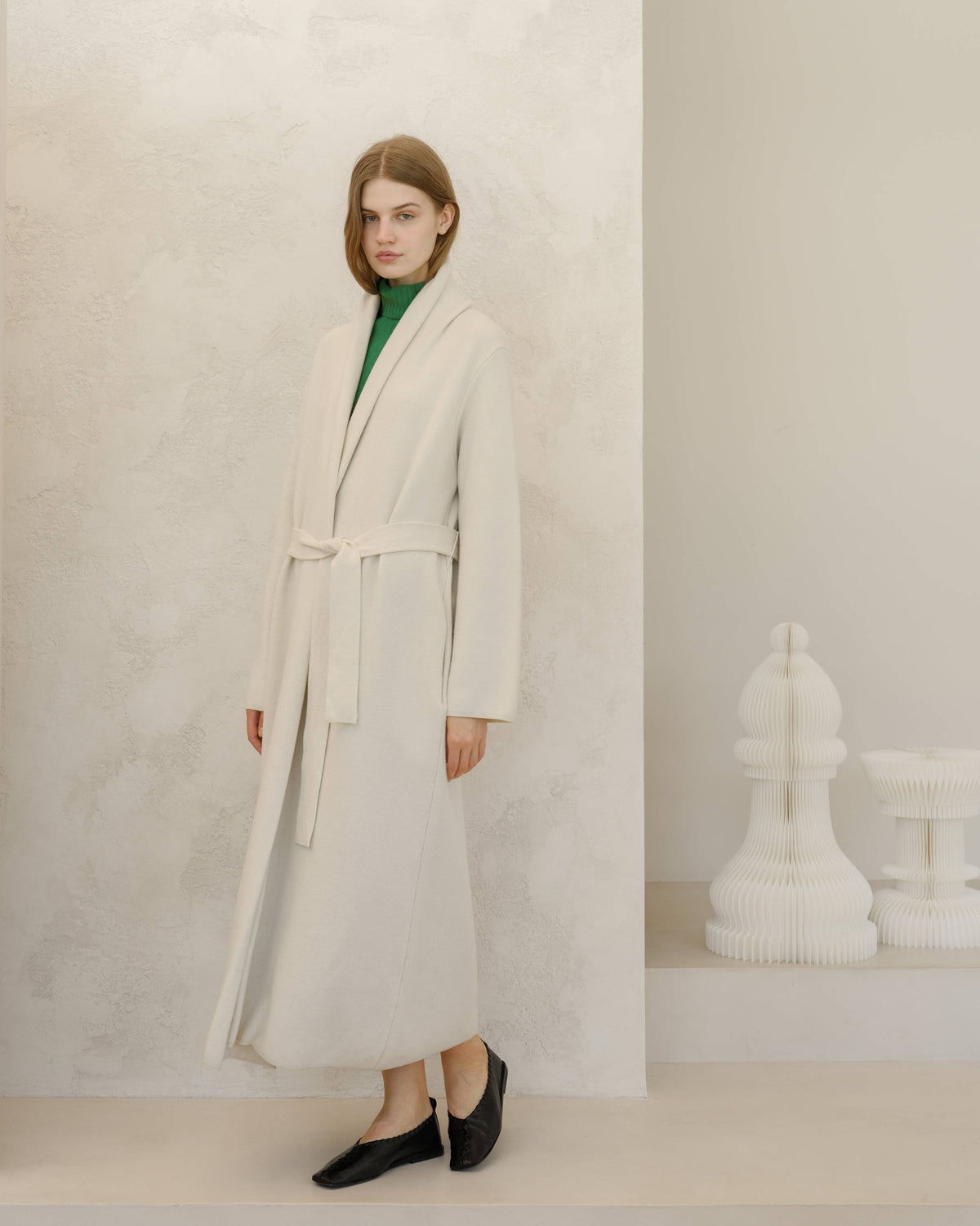 Cappotto cardigan maxi Lèmme in cashmere mix con cintura, bianco naturale, taglia L