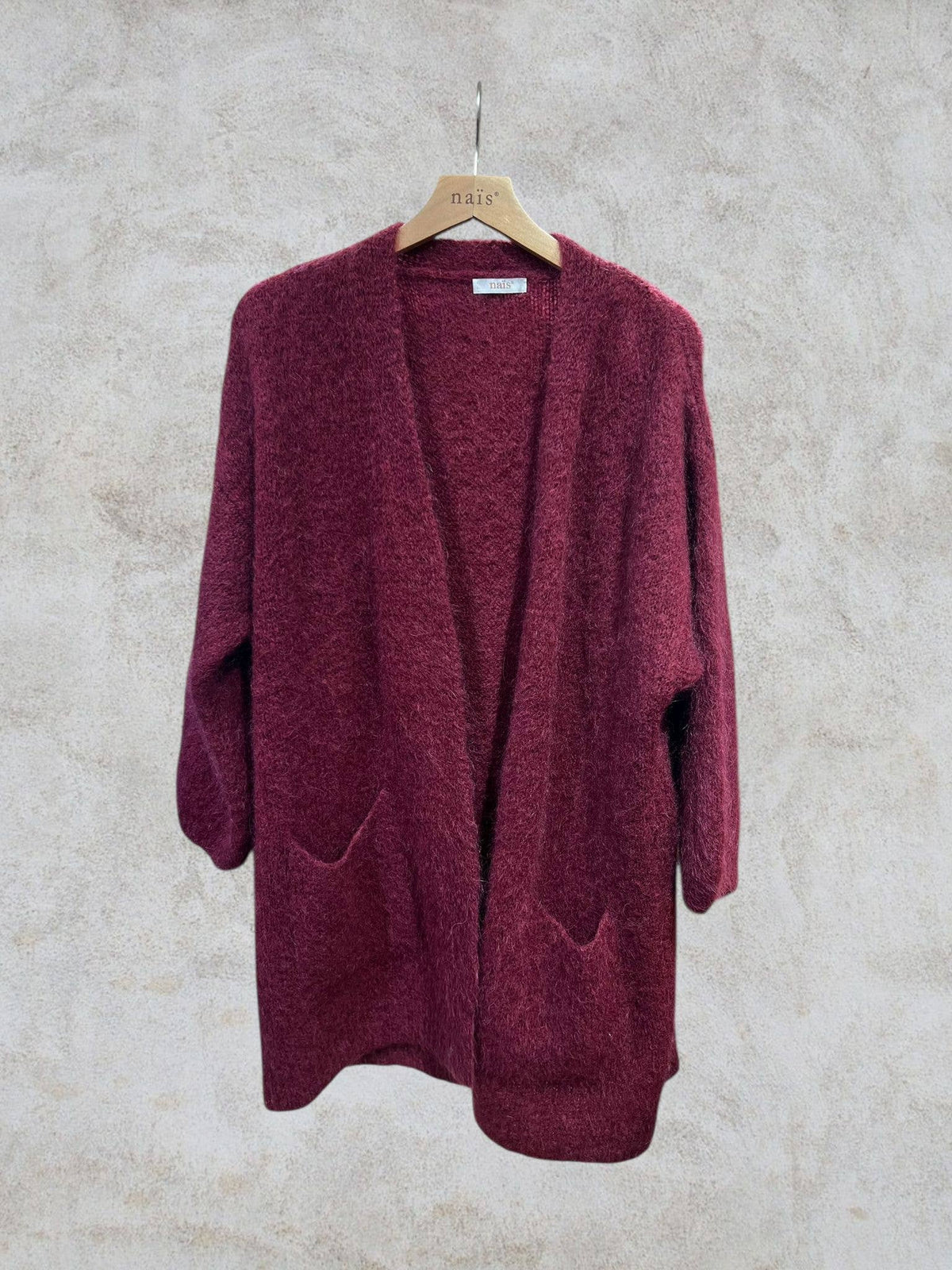 Long cardigan with long sleeves in mohair and wool: Bleu marine / Taille unique