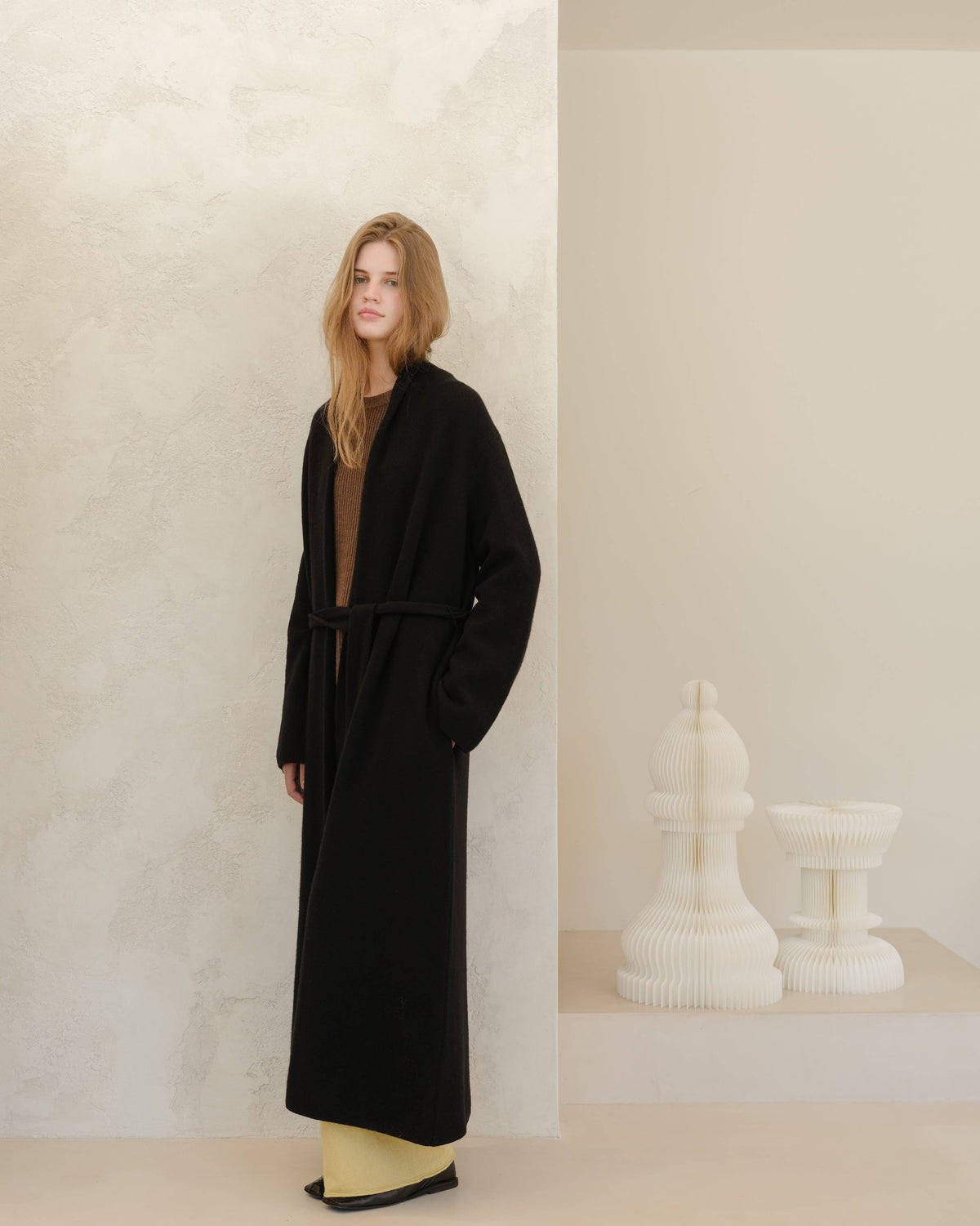 Cappotto cardigan maxi Lèmme nero con cintura, in cashmere mix
