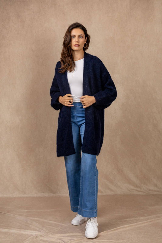 Long cardigan with long sleeves in mohair and wool: Bleu marine / Taille unique