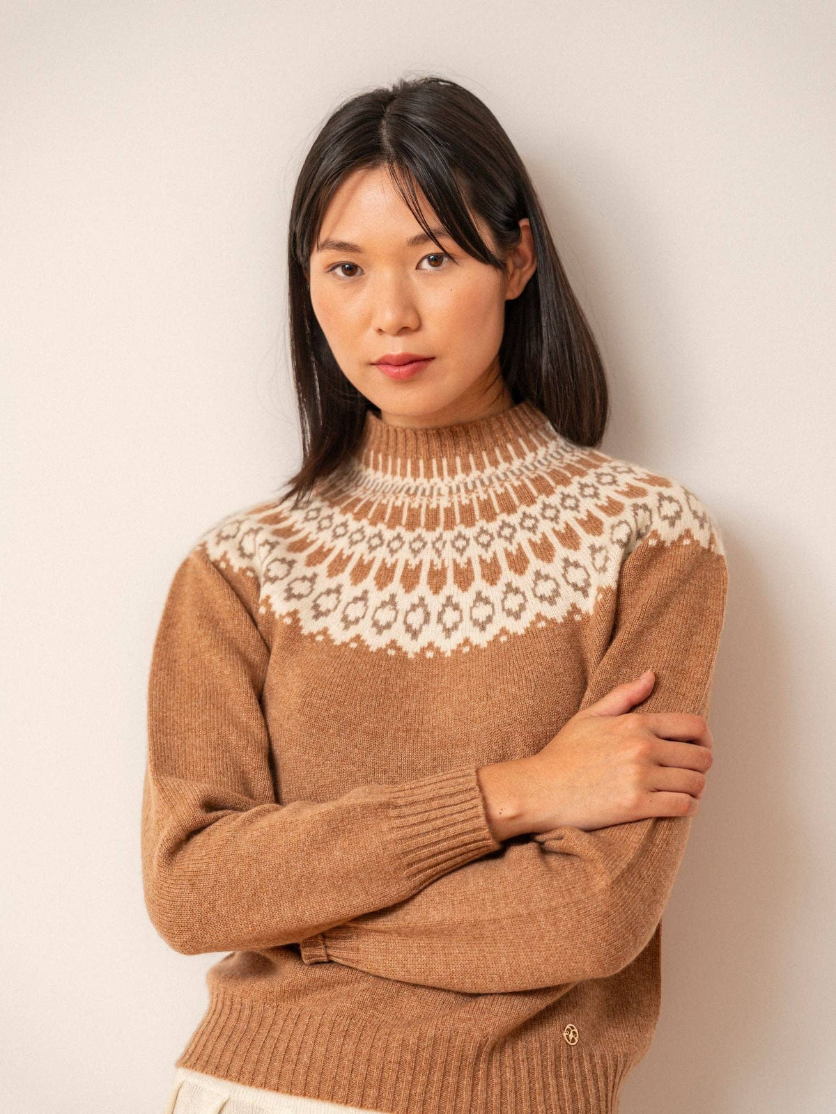 Maglione Martina BEL Cashmere in 100% cashmere, motivo Fair Isle, cammello, taglia S