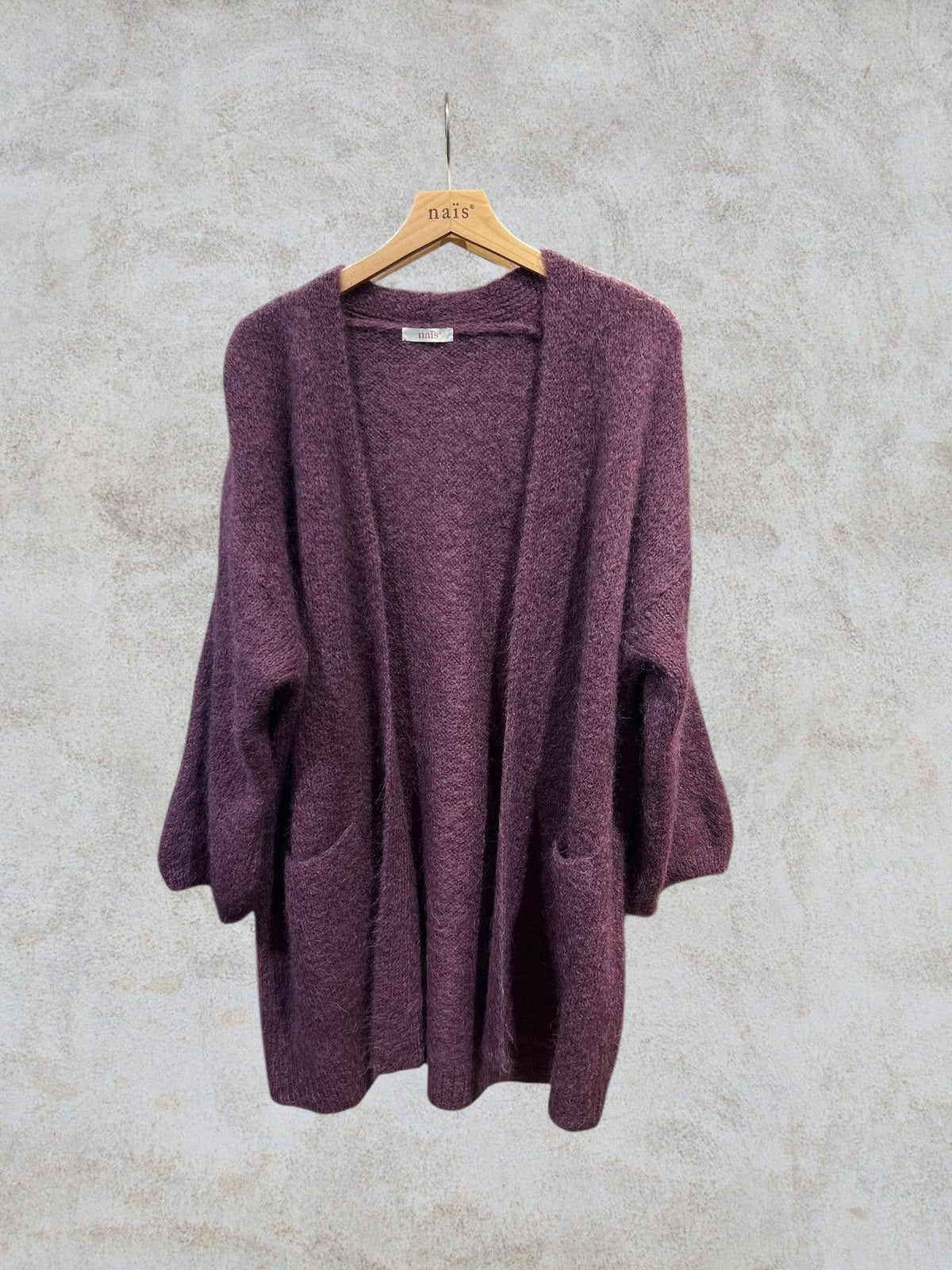 Long cardigan with long sleeves in mohair and wool: Bleu marine / Taille unique