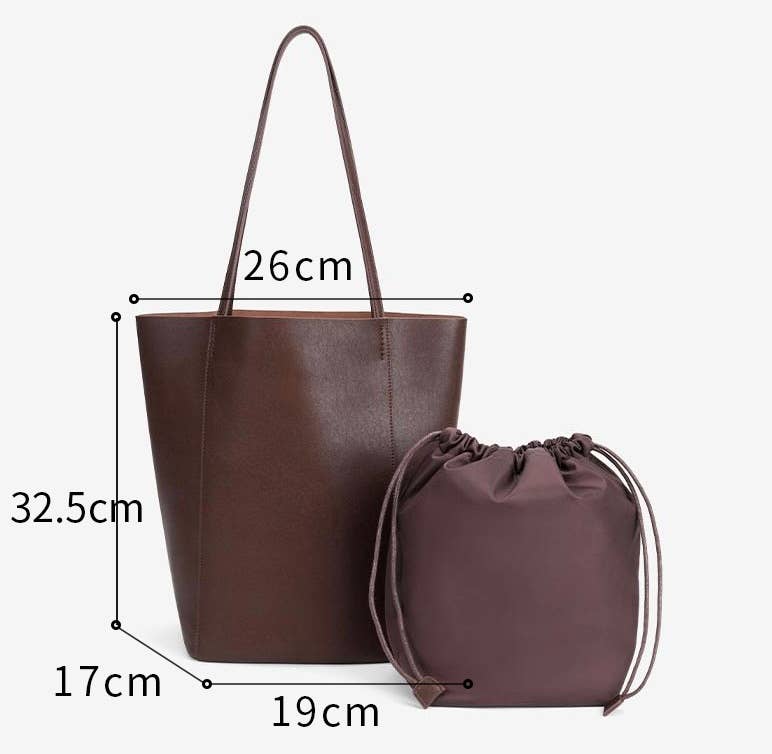 Genuine Leather Minimalism Bucket Shape Shoulder Tote Bag: Coffee
