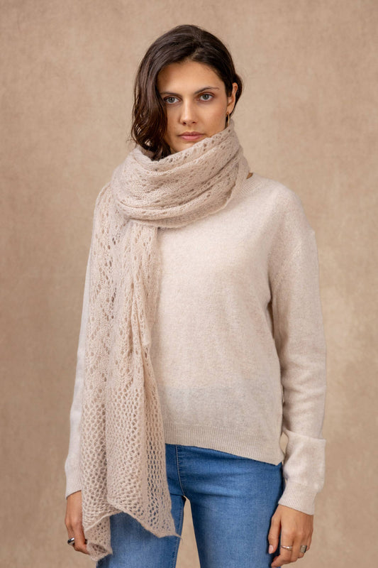 OPENWORK MOHAIR WOOL SHAWL: Ecru