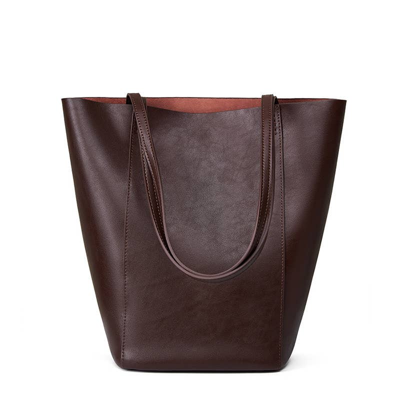 Genuine Leather Minimalism Bucket Shape Shoulder Tote Bag: Black