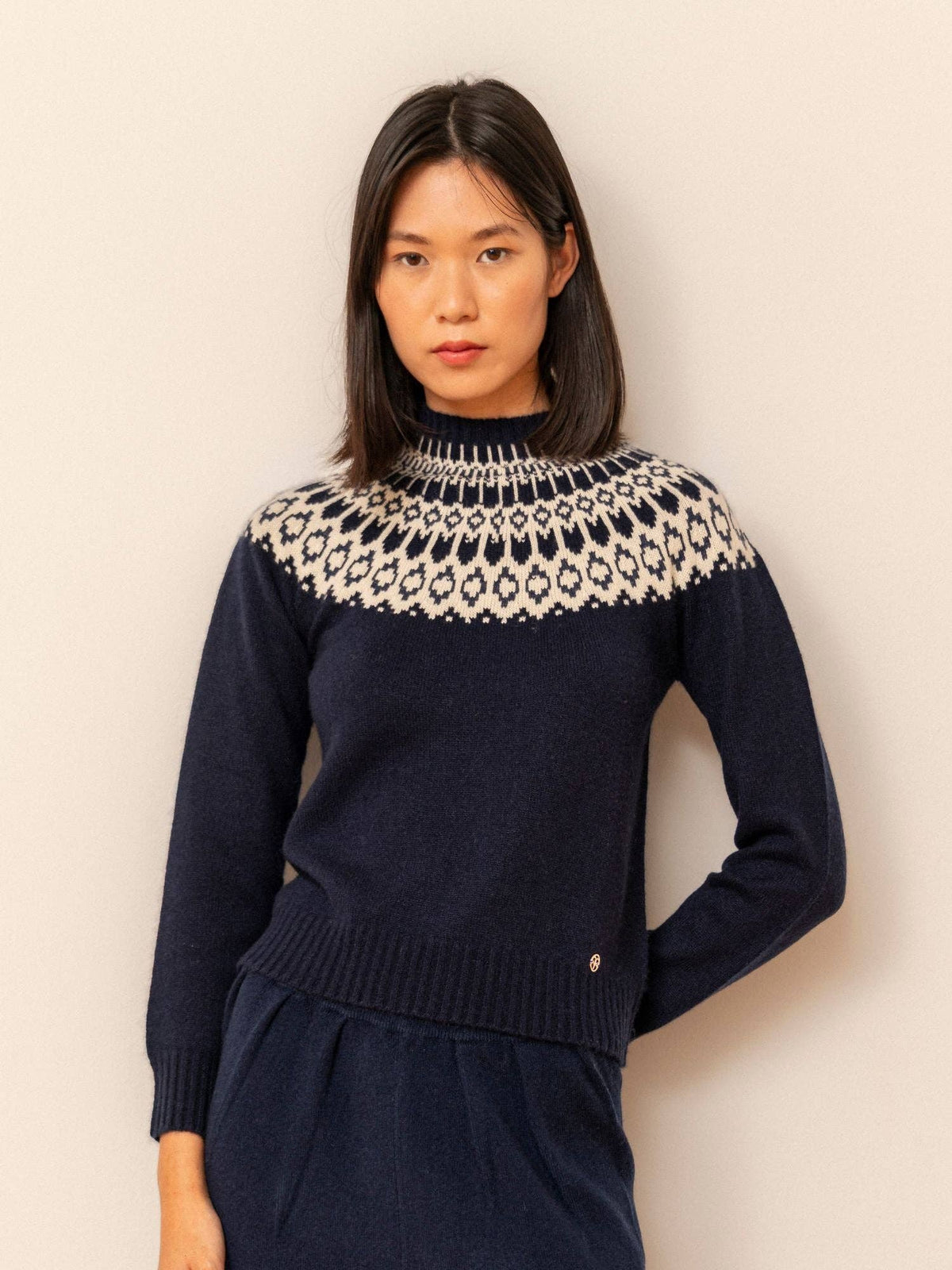 Maglione Martina BEL Cashmere in 100% cashmere, motivo Fair Isle, blu navy, taglia M