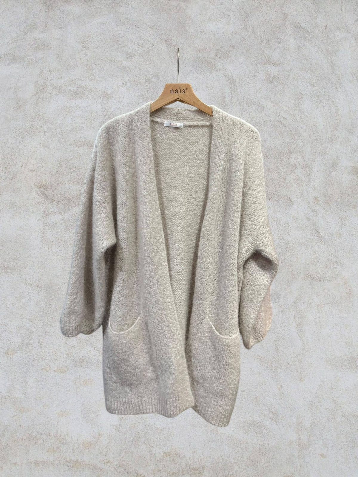 Long cardigan with long sleeves in mohair and wool: Bleu marine / Taille unique