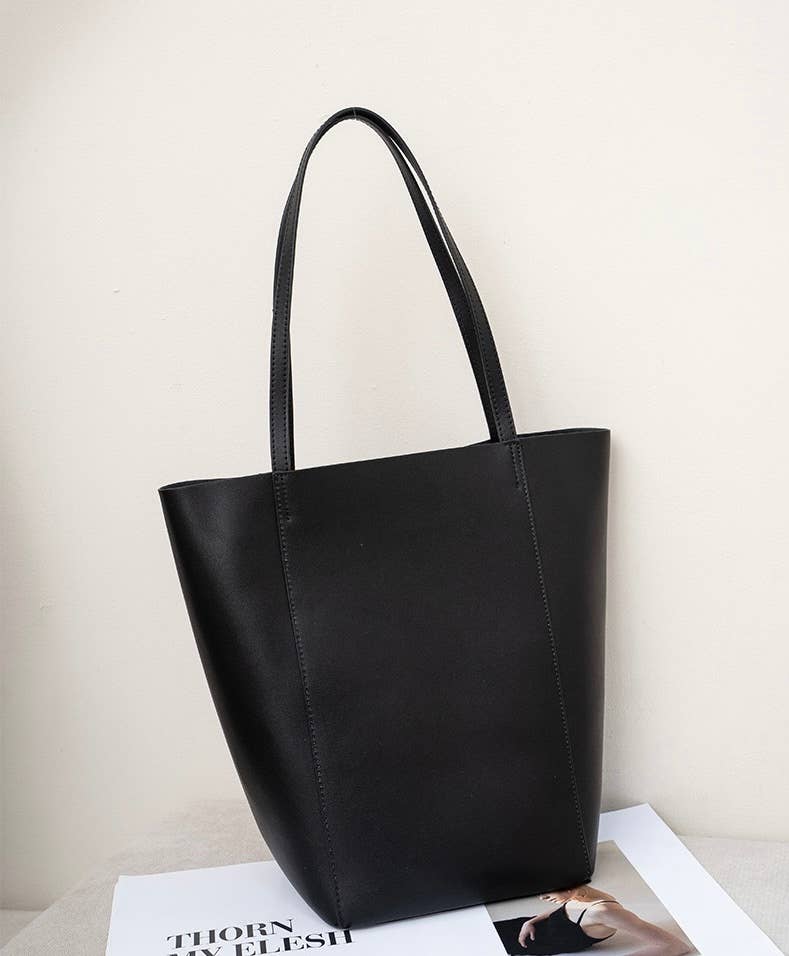 Genuine Leather Minimalism Bucket Shape Shoulder Tote Bag: Coffee