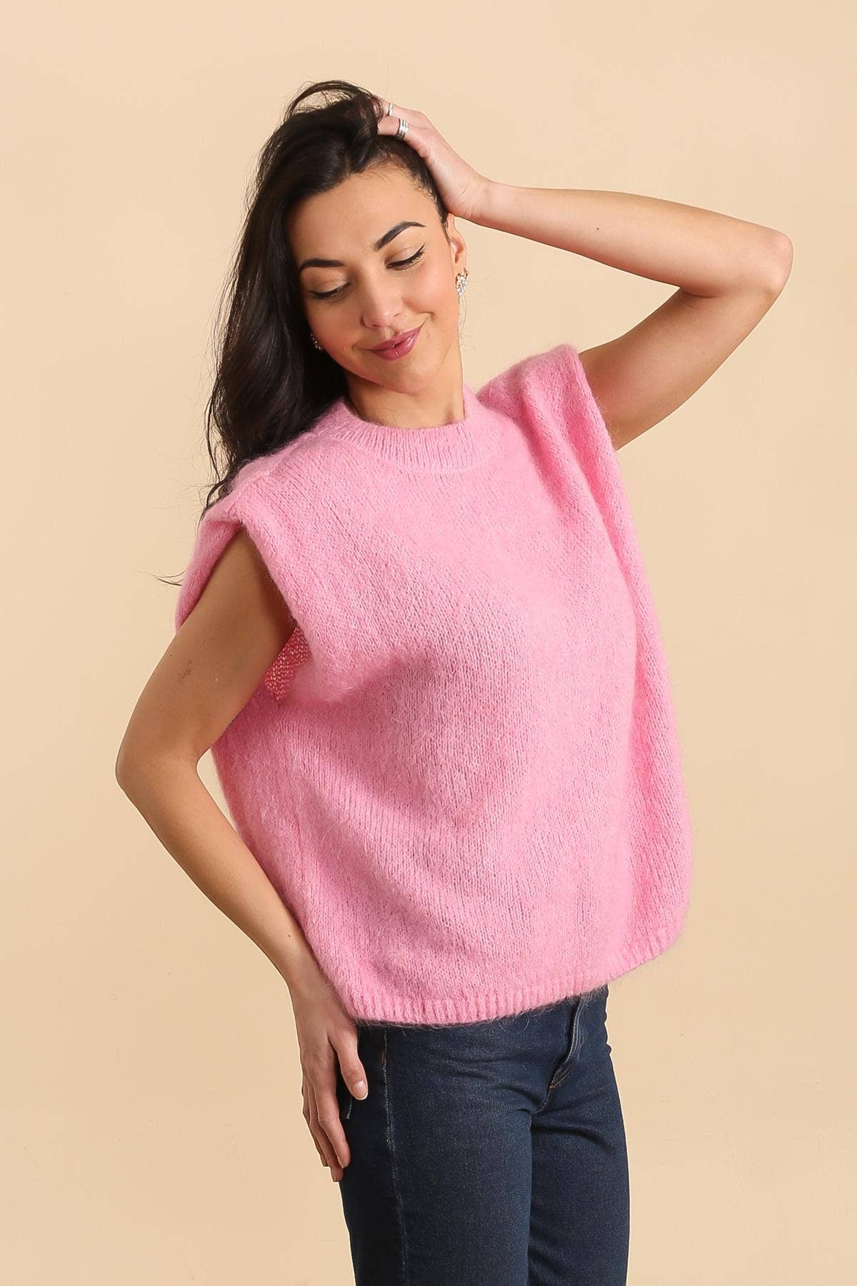 MOHAIR AND WOOL SLEEVELESS CREW NECK SWEATER: Navy Blue / One size