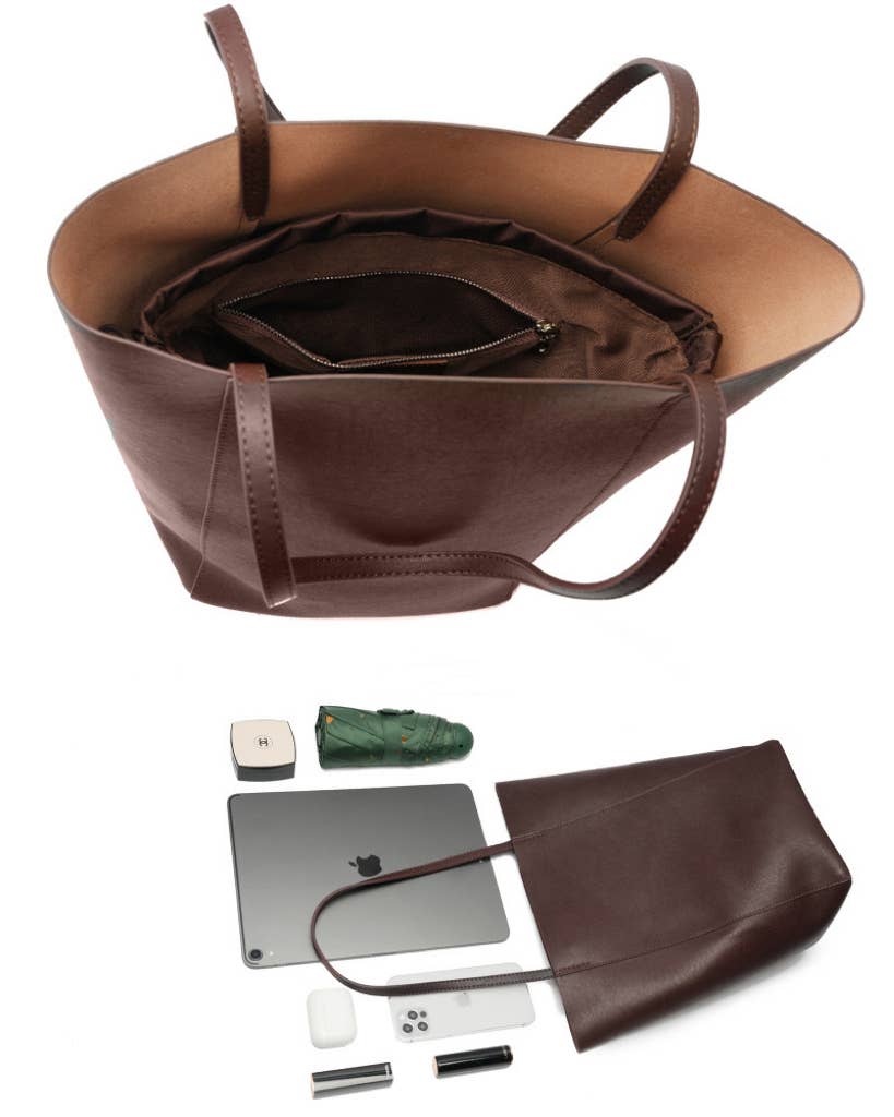 Genuine Leather Minimalism Bucket Shape Shoulder Tote Bag: Coffee