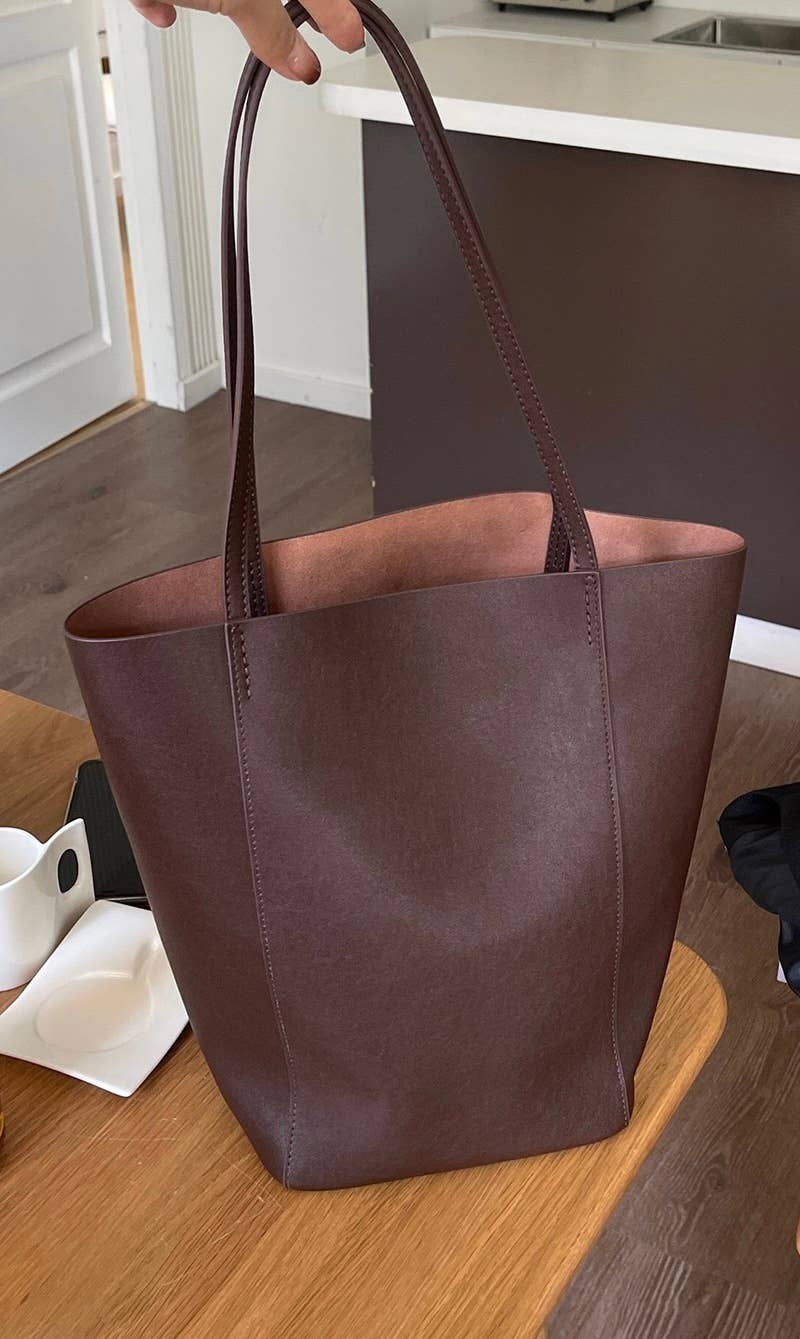 Genuine Leather Minimalism Bucket Shape Shoulder Tote Bag: Coffee