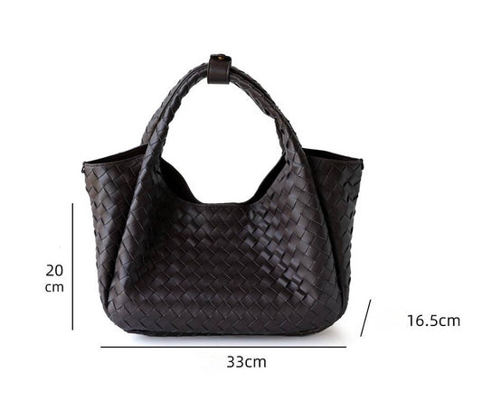 Hand-Woven Leather Bucket Shoulder Bag: Coffee