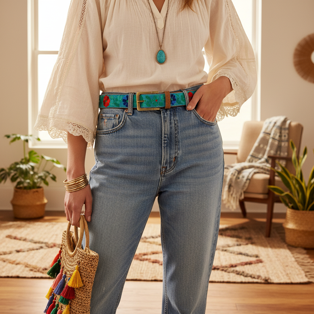 Skagit - Embroidered Belt Size 100 Light Blue Background: MULTICOLOUR / LEATHER, COTTON