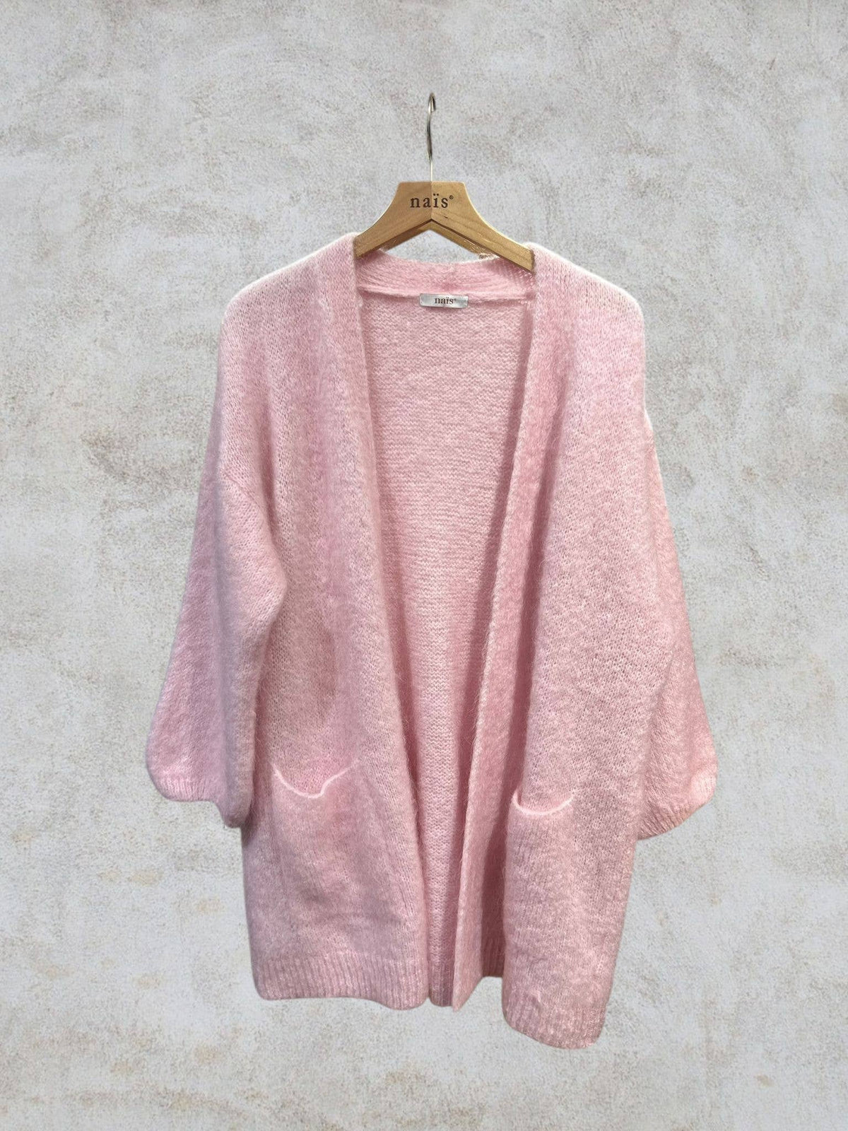 Long cardigan with long sleeves in mohair and wool: Bleu marine / Taille unique