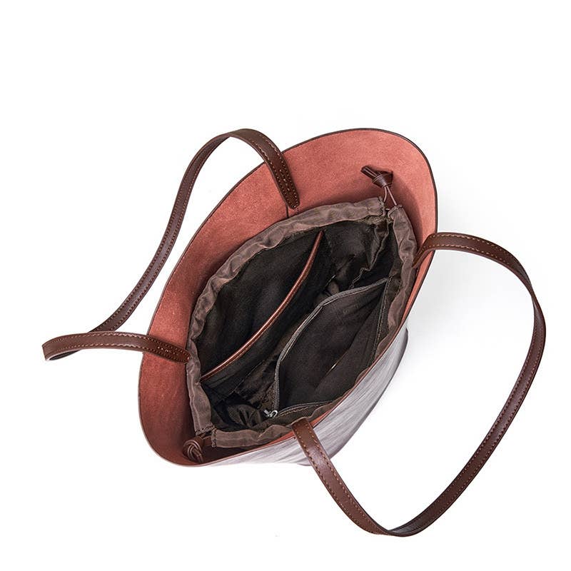 Genuine Leather Minimalism Bucket Shape Shoulder Tote Bag: Coffee