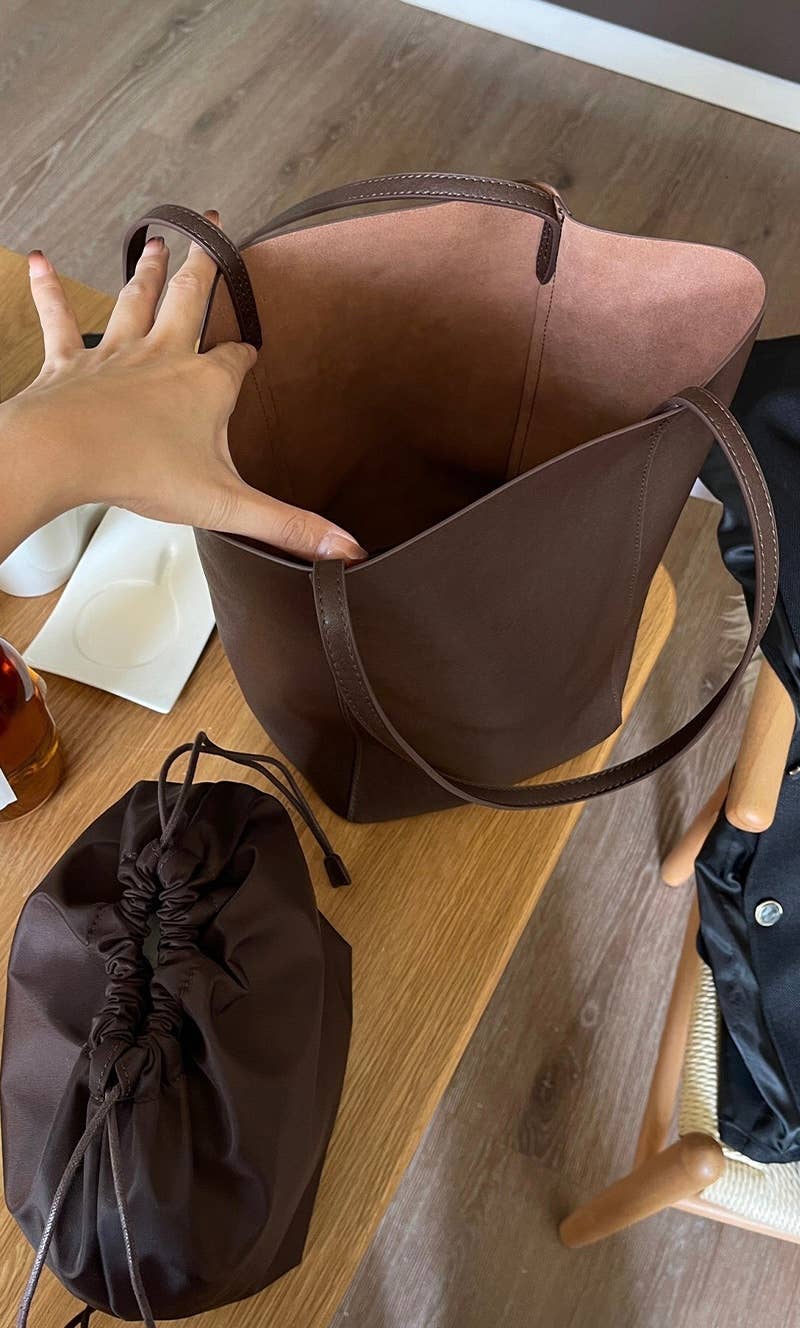 Genuine Leather Minimalism Bucket Shape Shoulder Tote Bag: Coffee