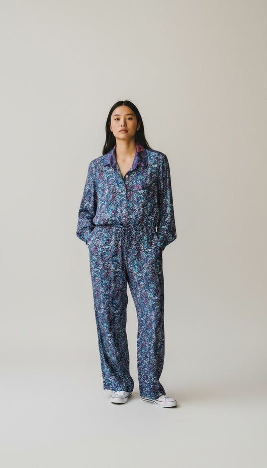 Tuta jumpsuit fatta a mano blu I Was a Sari sustainable fashion, L