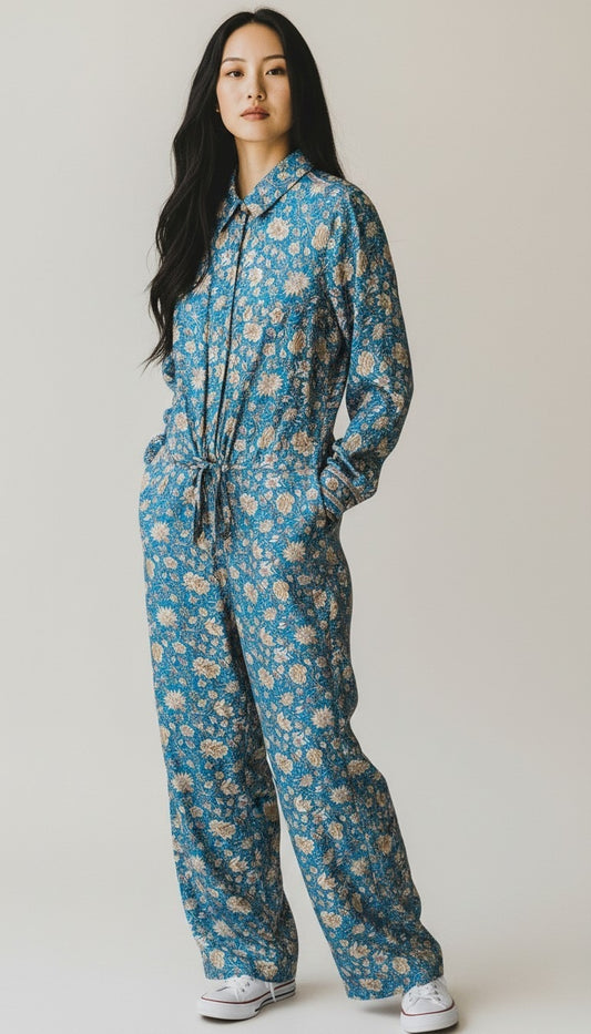 Tuta jumpsuit fatta a mano azzurra I Was a Sari sustainable fashion, M