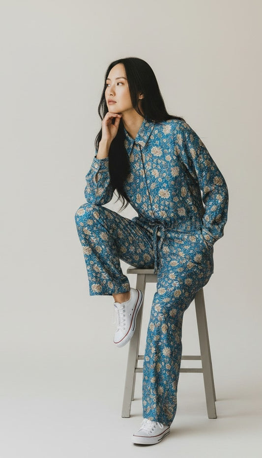 Tuta jumpsuit fatta a mano azzurra I Was a Sari sustainable fashion, M