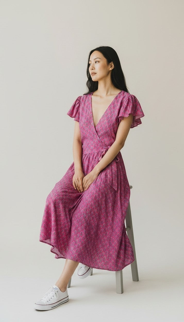 Vestito wrap dress fatto a mano rosa I Was a Sari,sustainable fashion, S