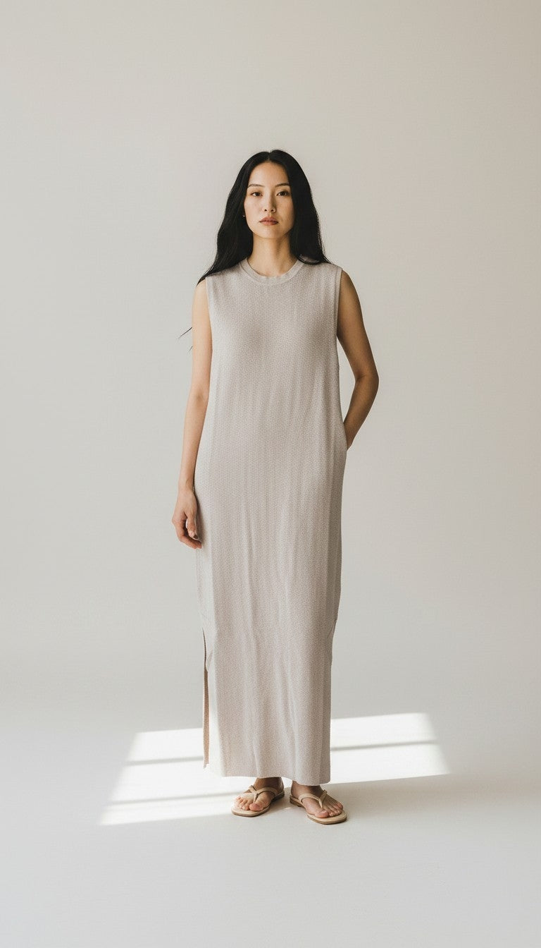 Vestito lungo elegante in cotonw riciclato e organico Rifò moda sostenibile e circolare, beige