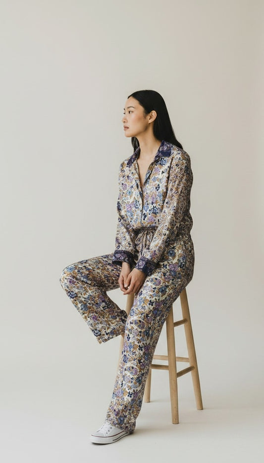 Tuta jumpsuit fatta a mano bianca e blu I Was a Sari sustainable fashion, S