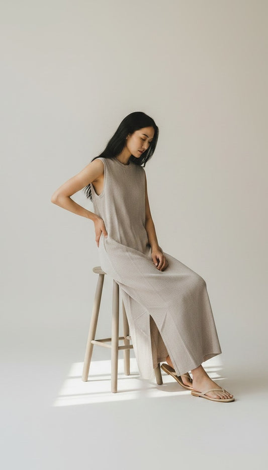 Vestito lungo elegante in cotone riciclato e organico Rifò moda sostenibile e circolare, beige
