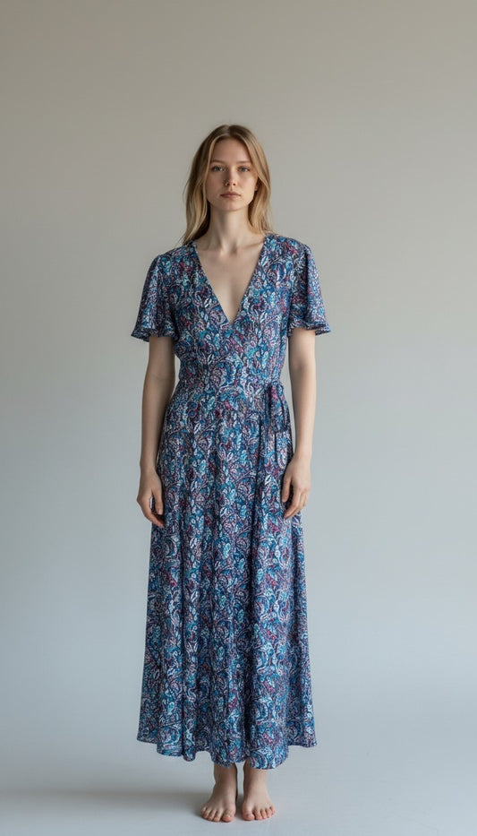 Vestito wrap dress fatto a mano blu I Was a Sari sustainable fashion, L