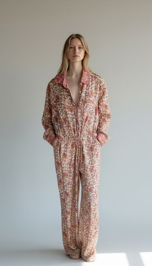 Tuta jumpsuit fatta a mano crema e rosa I Was a Sari sustainable fashion, M