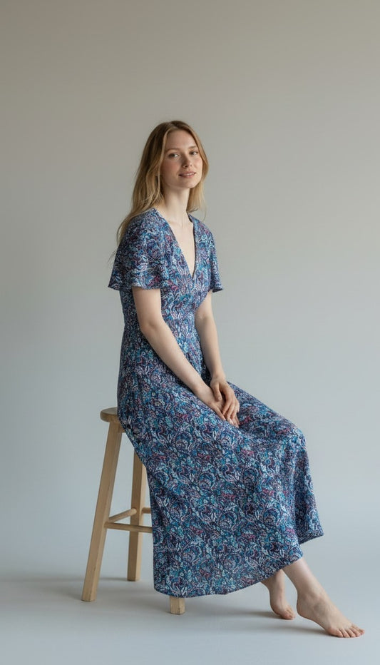 Vestito wrap dress fatto a mano blu I Was a Sari sustainable fashion, L